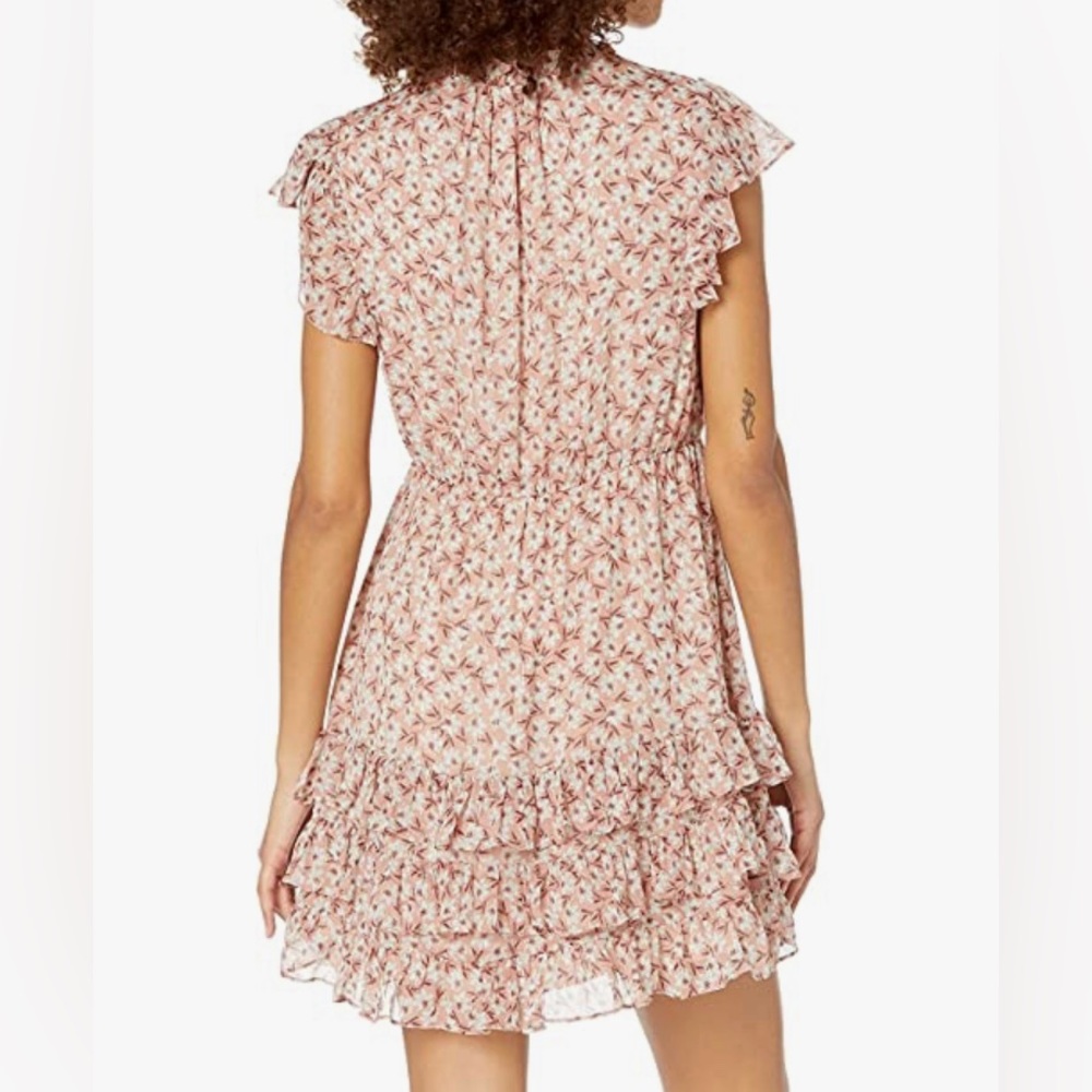 REBECCA TAYLOR Lucia V Neck Short Sleeve Pink Gold Floral Dress